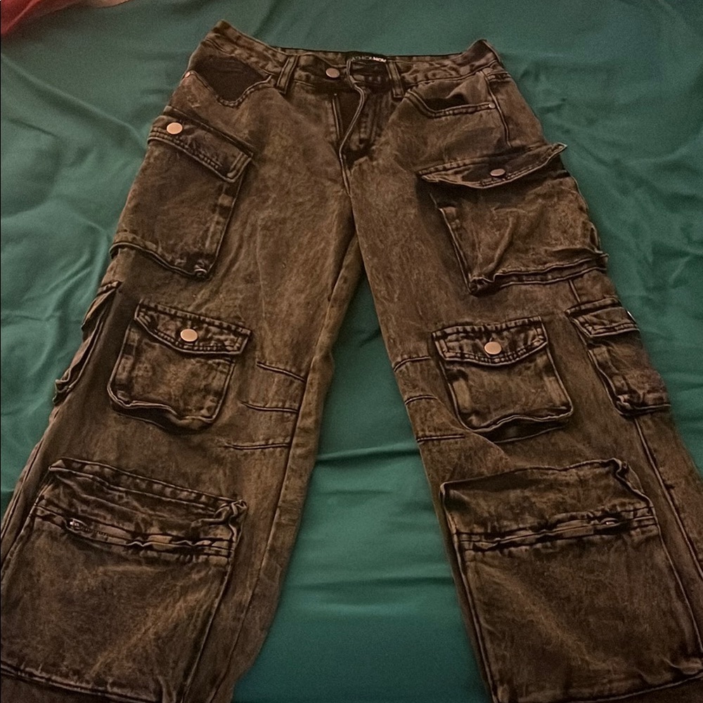 Women’s Acid Wash Black Cargo Jeans